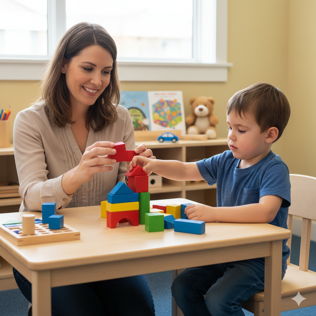 Child therapist playing with blocks with a young boy